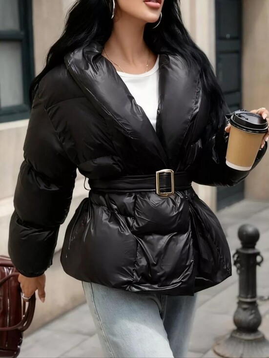 Jackets & Blazers - Long Sleeve Belted Puffer Jacket